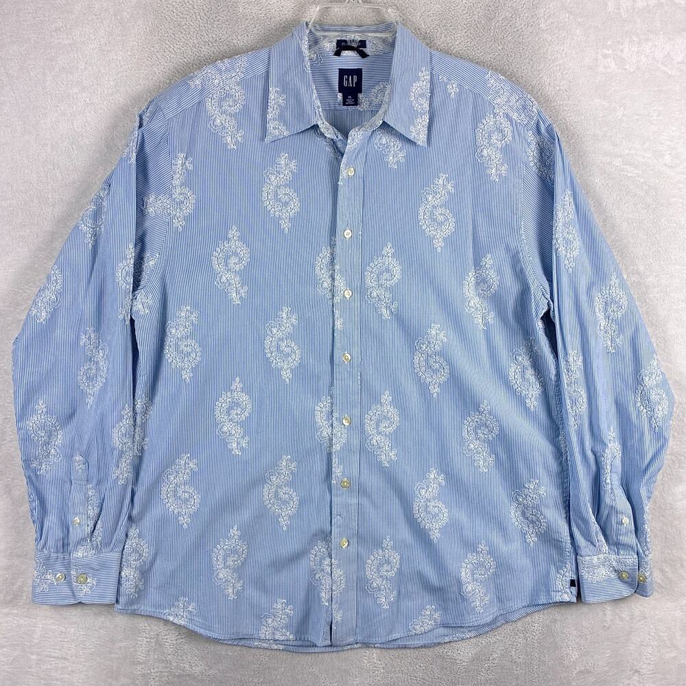 VTG Gap Shirt Mens XL Blue White Stripe Embroidered Paisley Preppy Old Money Y2K